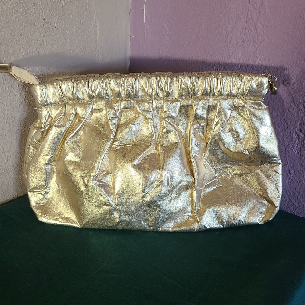 Donna Karan Cosmetic Bag Gold Ruched Metallic Clutch Travel Pouch DK Logo Zip